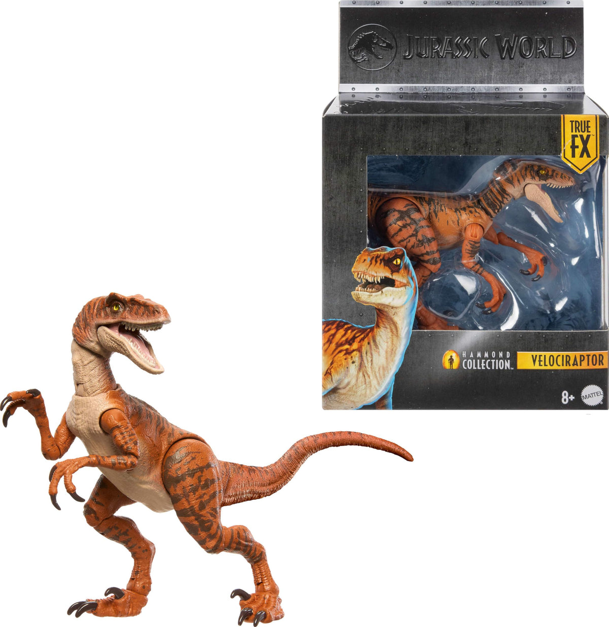 Mattel Jurassic World Hammond Collection Atrociraptor Tiger with glass eyes for lifelike display.