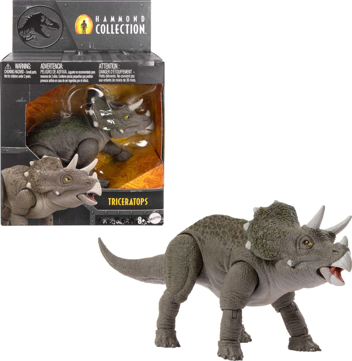 Mattel Jurassic World Hammond Collection juvenile Triceratops front view with lifelike textures for display