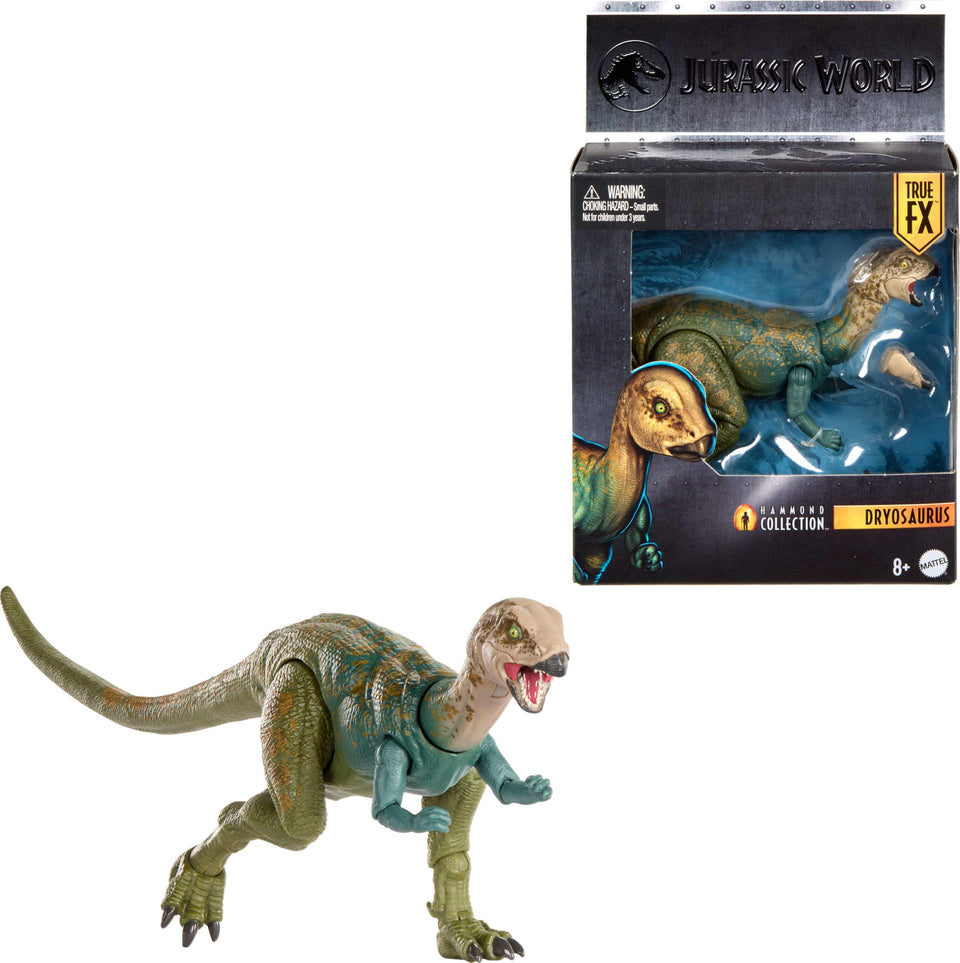 Mattel Jurassic World Hammond Dryosaurus with realistic eyes enhances display realism.