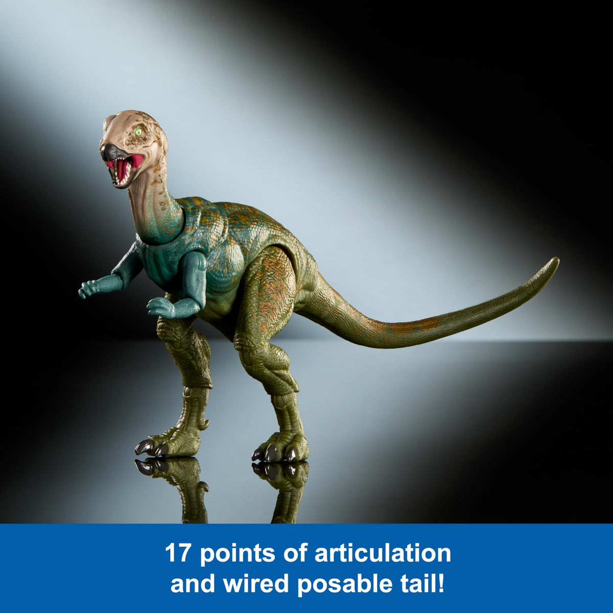 Mattel Dryosaurus swappable jaw enables lifelike mouth poses.