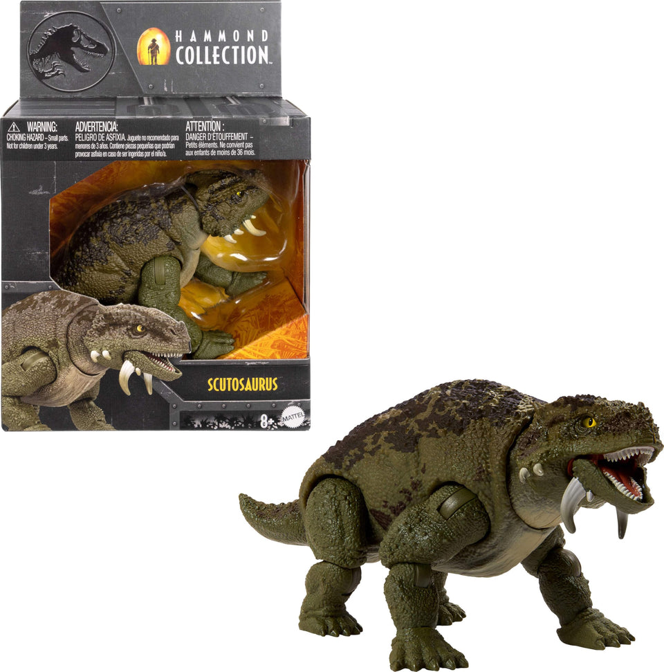 Mattel Jurassic World Hammond Scutosaurus with glass eyes for lifelike display and storytelling.