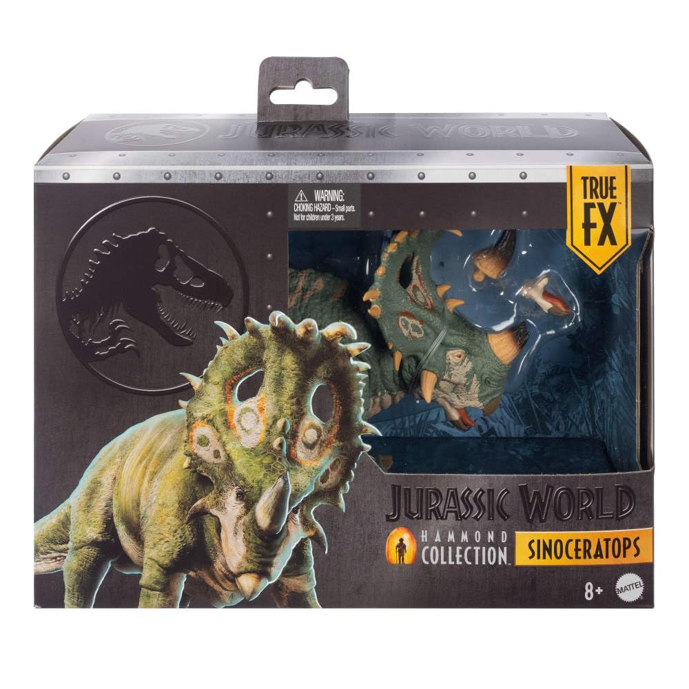 Mattel Jurassic World Hammond Sinoceratops deluxe figure in premium packaging for display.