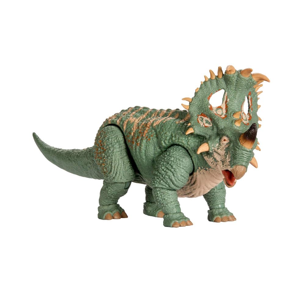 Mattel Jurassic World Hammond Sinoceratops deluxe figure with life-like eyes for dramatic display.