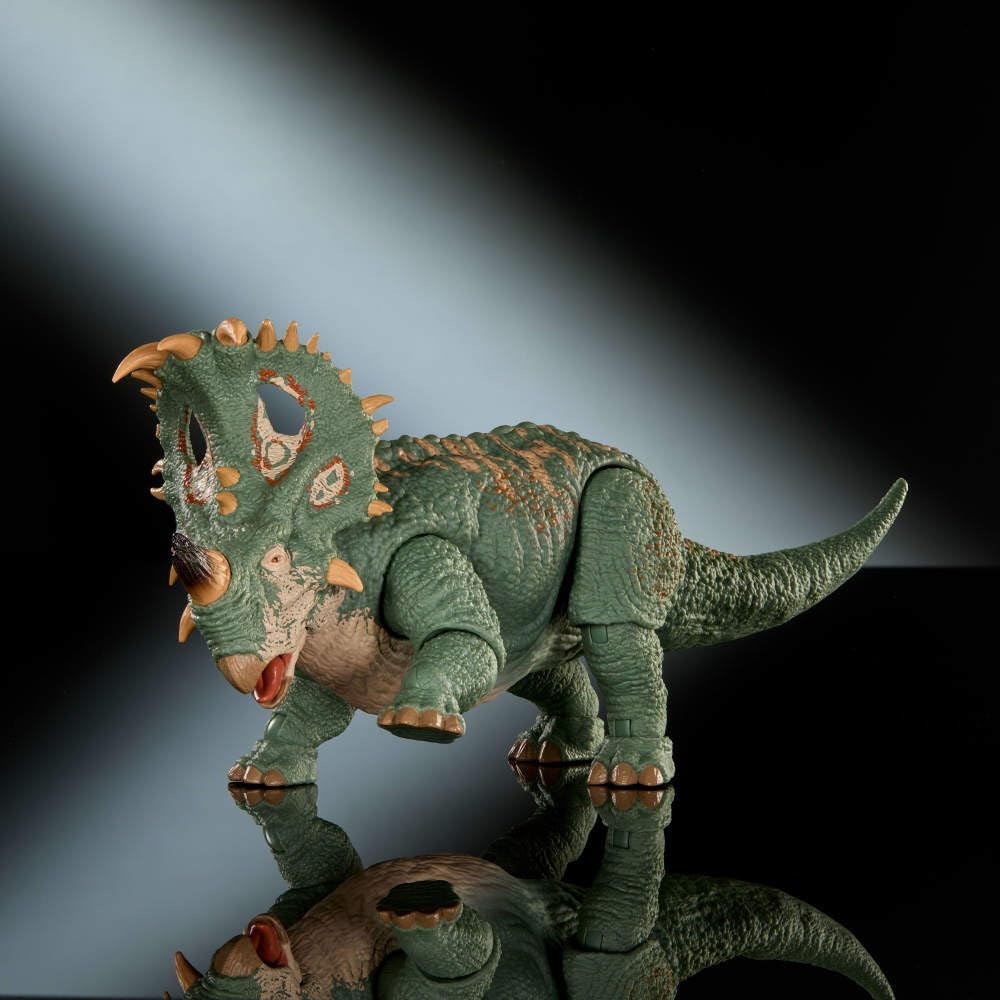 Mattel Jurassic World Hammond Sinoceratops deluxe figure inspired by the lava scene for photography.