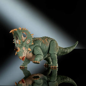 Mattel Jurassic World Hammond Sinoceratops deluxe figure inspired by the lava scene for photography.