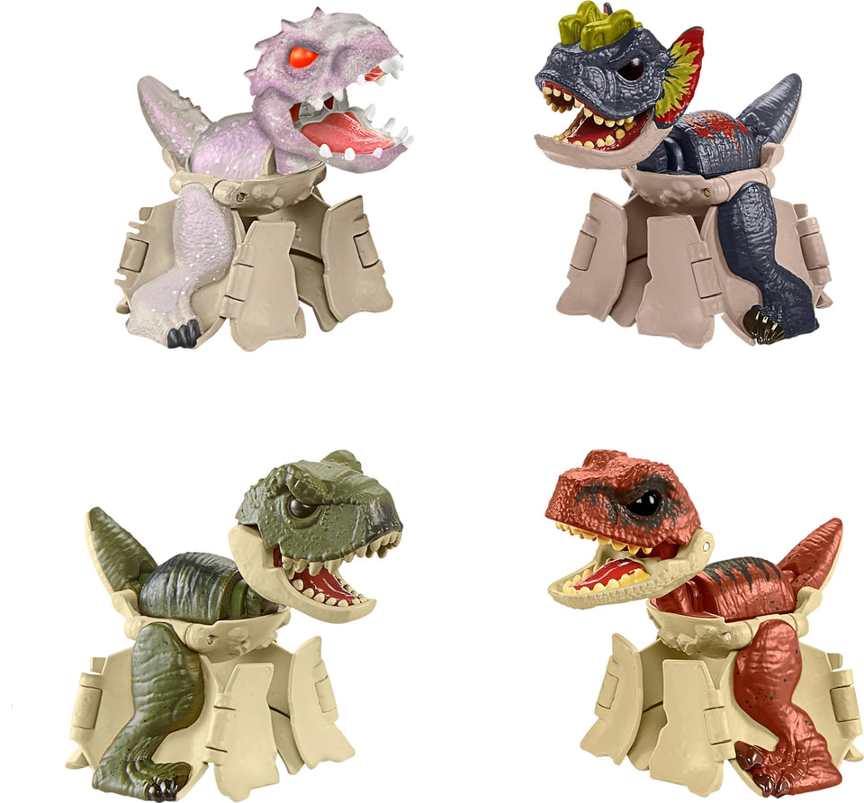 Mattel Jurassic World Hidden Hatchers T-Rex egg to dinosaur figure for hands-on play.