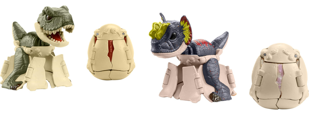 Mattel Jurassic World Hidden Hatchers two-in-one transform figures for double the action.