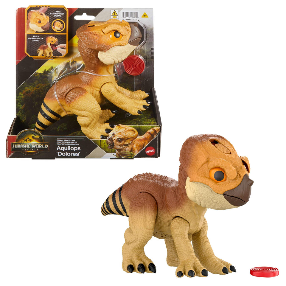 Mattel Jurassic World Rebirth Aquilops Dolores in attack-action pose for dynamic play