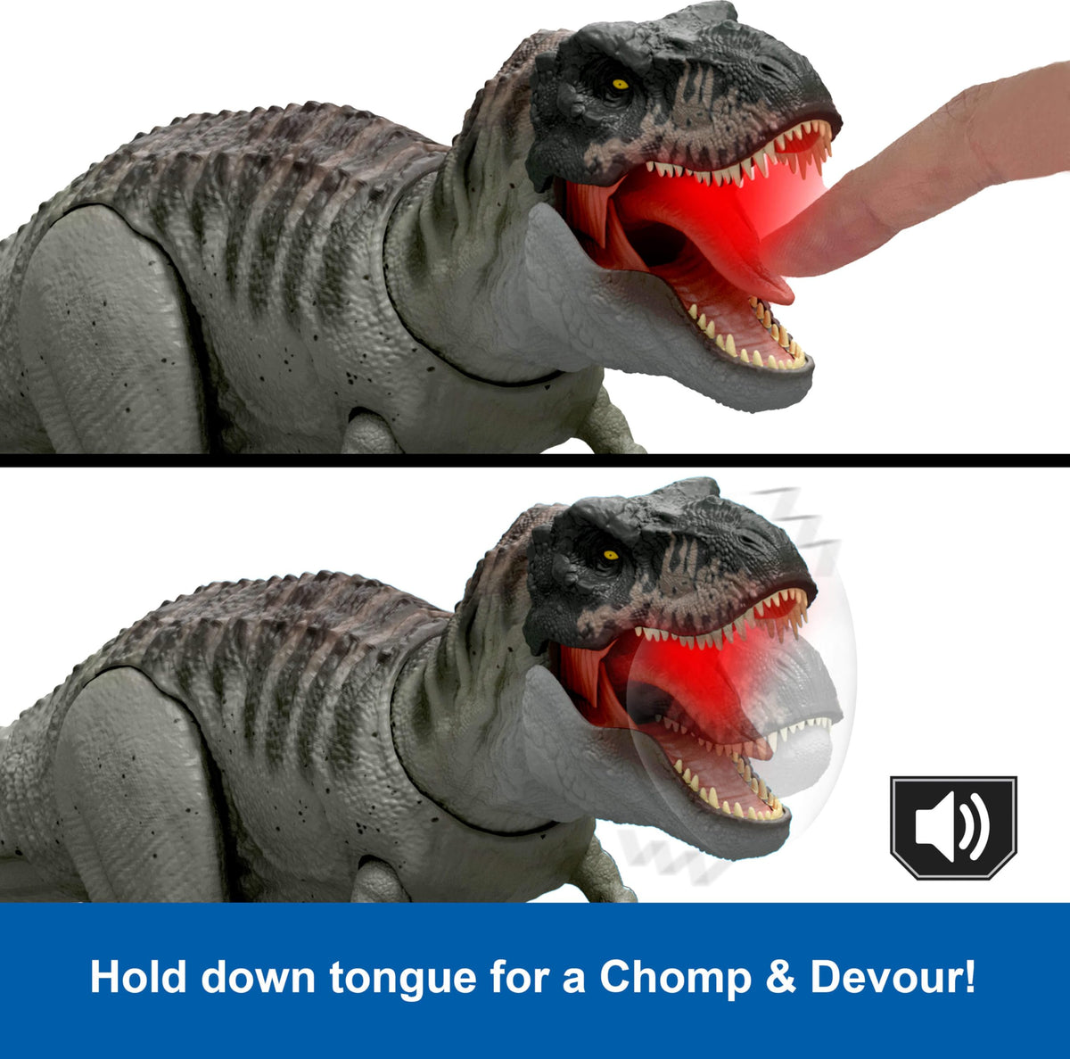 Mattel Jurassic World Rebirth T-Rex battery access enables quick setup.