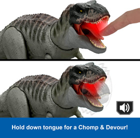 Mattel Jurassic World Rebirth T-Rex battery access enables quick setup.