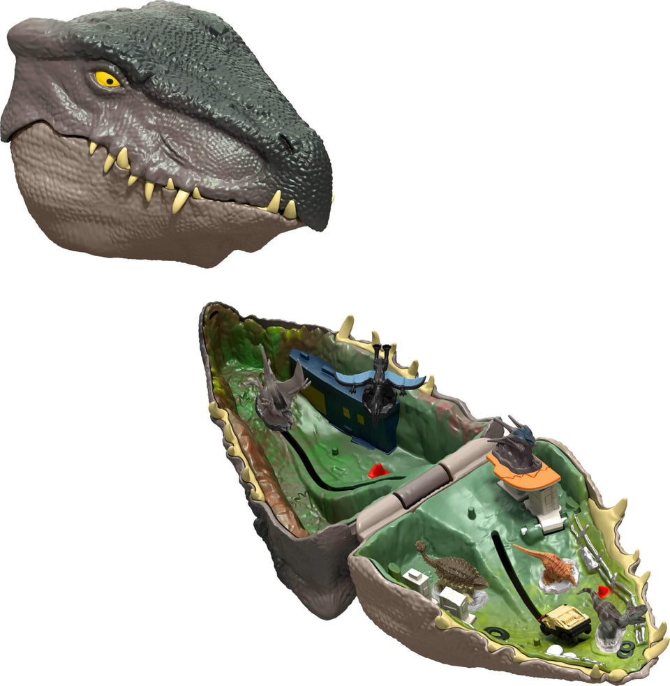 Mattel Jurassic World Rebirth Distortus Rex head open display for portable adventures.