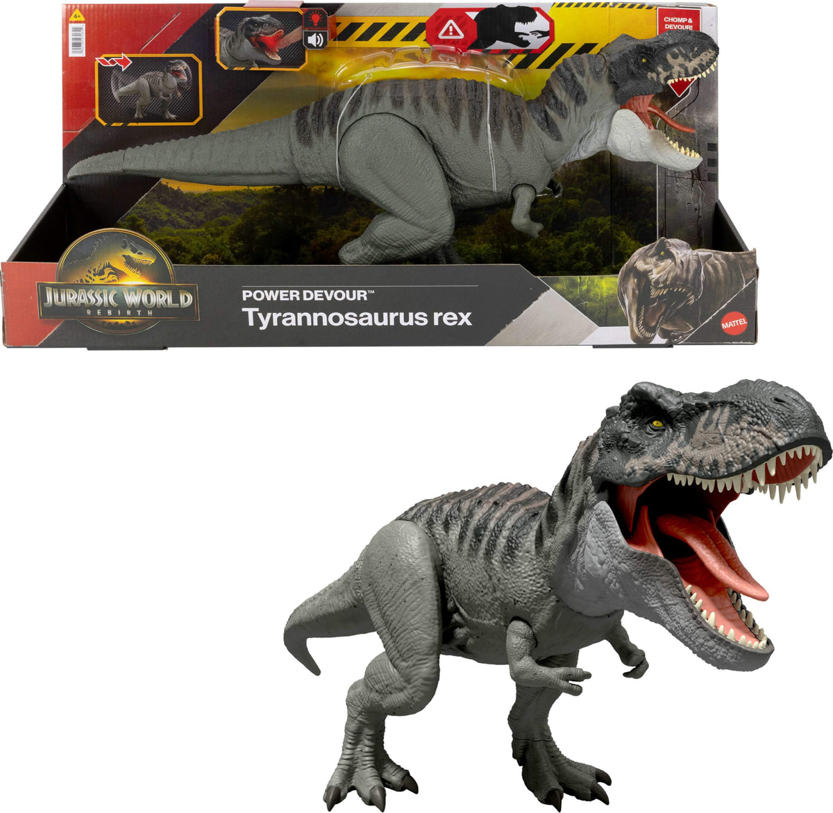 Mattel Jurassic World Rebirth T-Rex light-up bite action for interactive play.