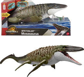 Mattel Jurassic World Rebirth Mosasaurus bites with movable jaw for dramatic action.