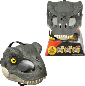 Mattel Jurassic World Rebirth T-Rex mask with LED eyes for immersive dress-up fun
