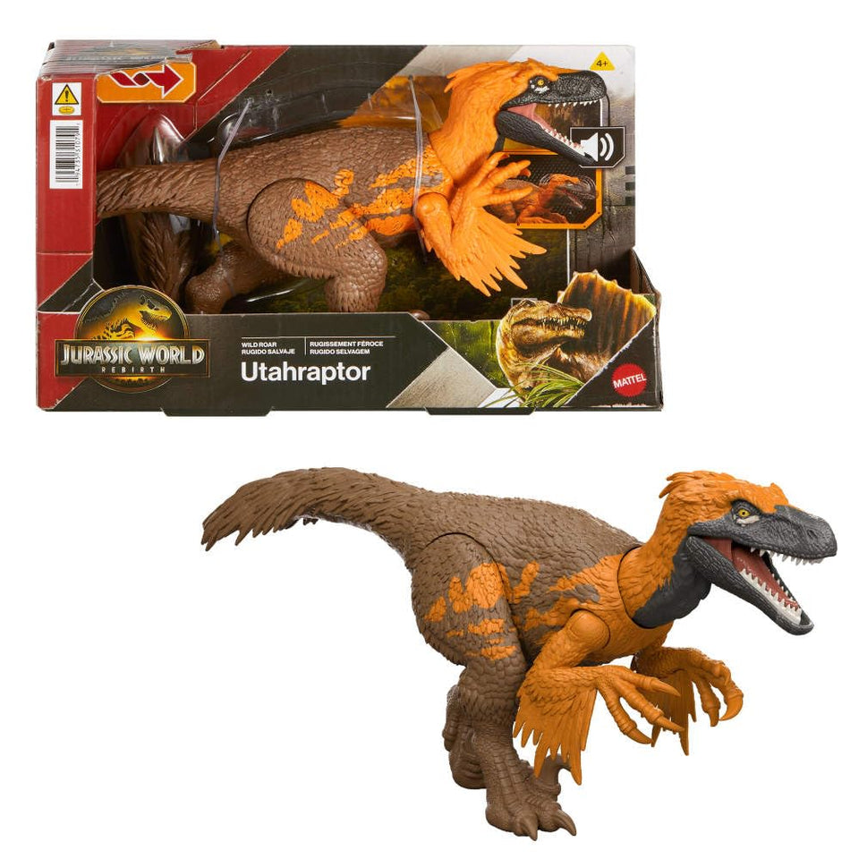 Mattel Jurassic World Rebirth Utahraptor attack pose for dynamic play.