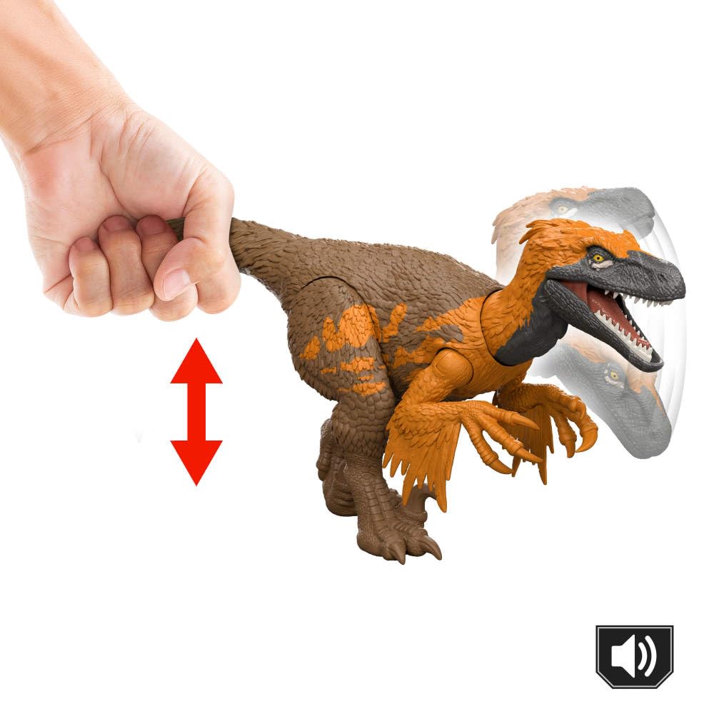 Mattel Utahraptor tail-action controls attack direction for multi-direction play.