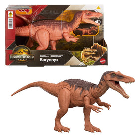 Mattel Jurassic World Rebirth Wild Roar Baryonyx attacking pose with tail motion for action play