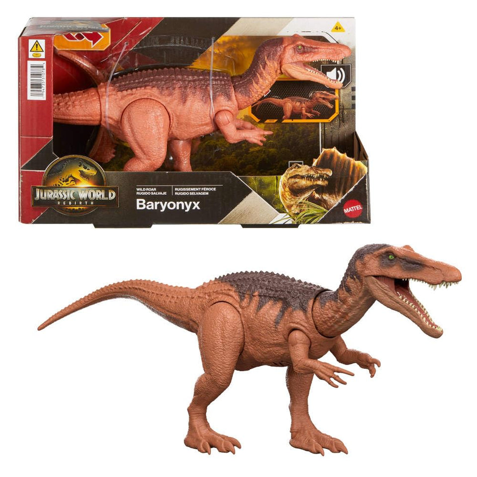 Mattel Jurassic World Rebirth Wild Roar Baryonyx attacking pose with tail motion for action play