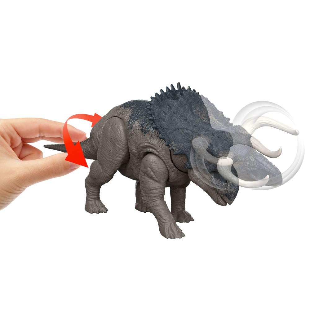 Mattel Nasutoceratops stands about 12 inches tall for display and play