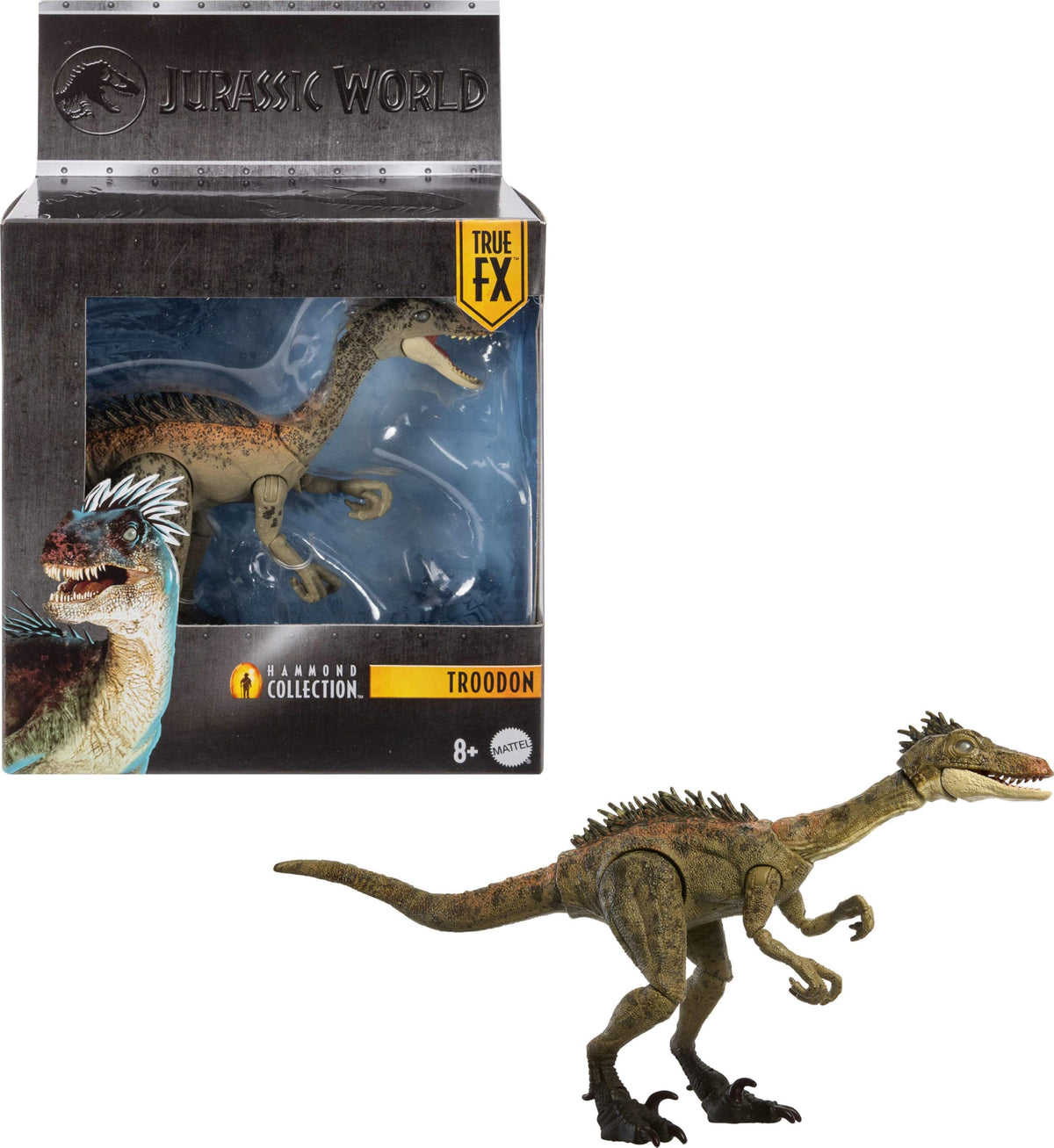 Mattel Jurassic World Troodon figure with glass eyes for lifelike display.