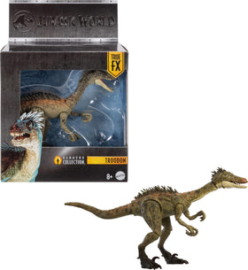 Mattel Jurassic World Troodon figure with glass eyes for lifelike display.