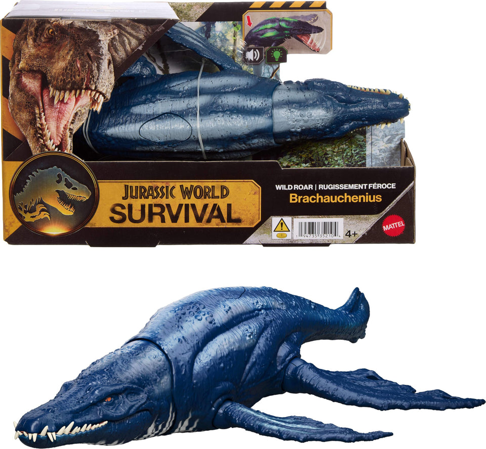 Mattel Jurassic World Wild Roar Brachauchenius chomp attack action figure for dramatic play