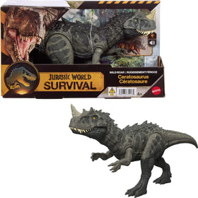 Mattel Jurassic World Wild Roar Ceratosaurus in bite-attack pose for dynamic play.