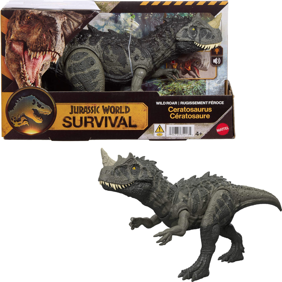 Mattel Jurassic World Wild Roar Ceratosaurus in bite-attack pose for dynamic play.