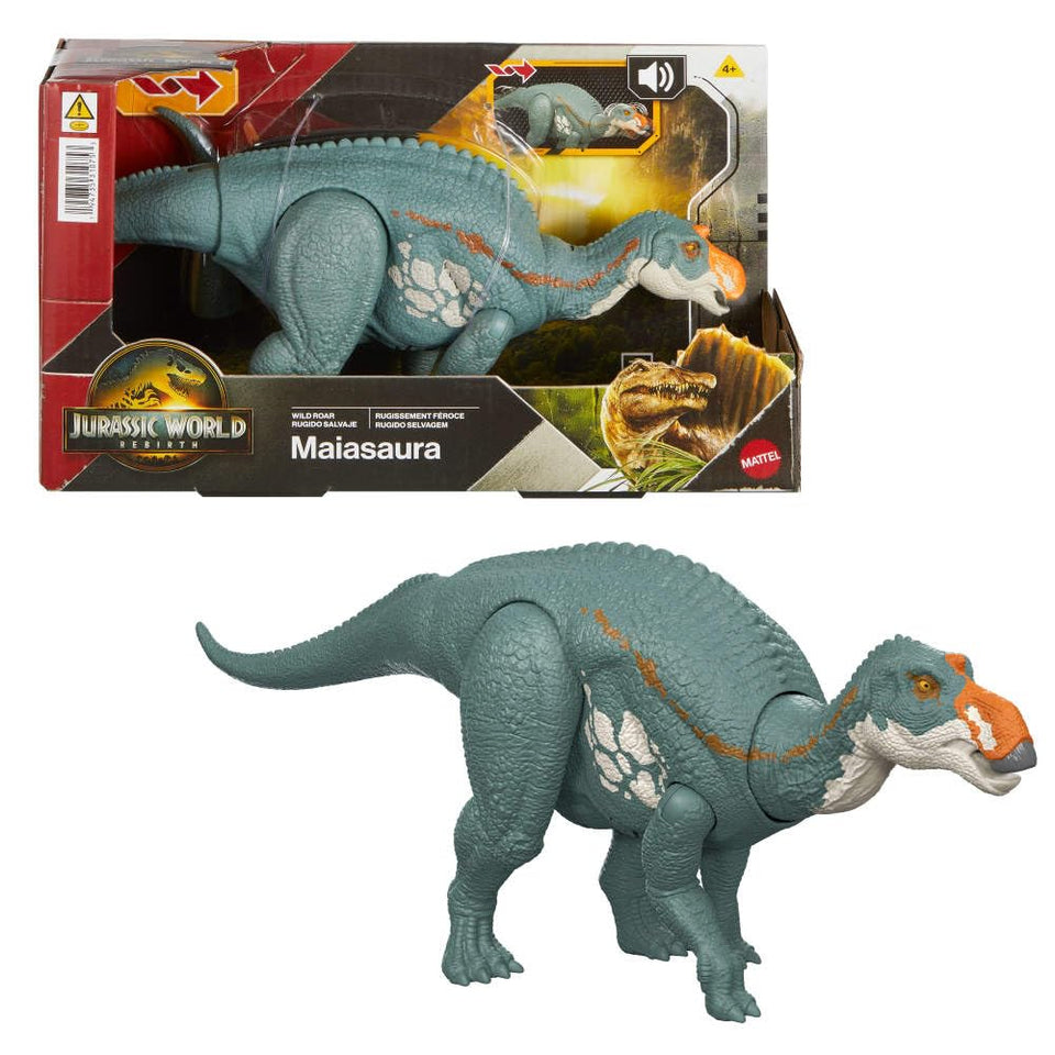 Mattel Jurassic World Wild Roar Maiasaura in attack pose boosts dynamic battle play.