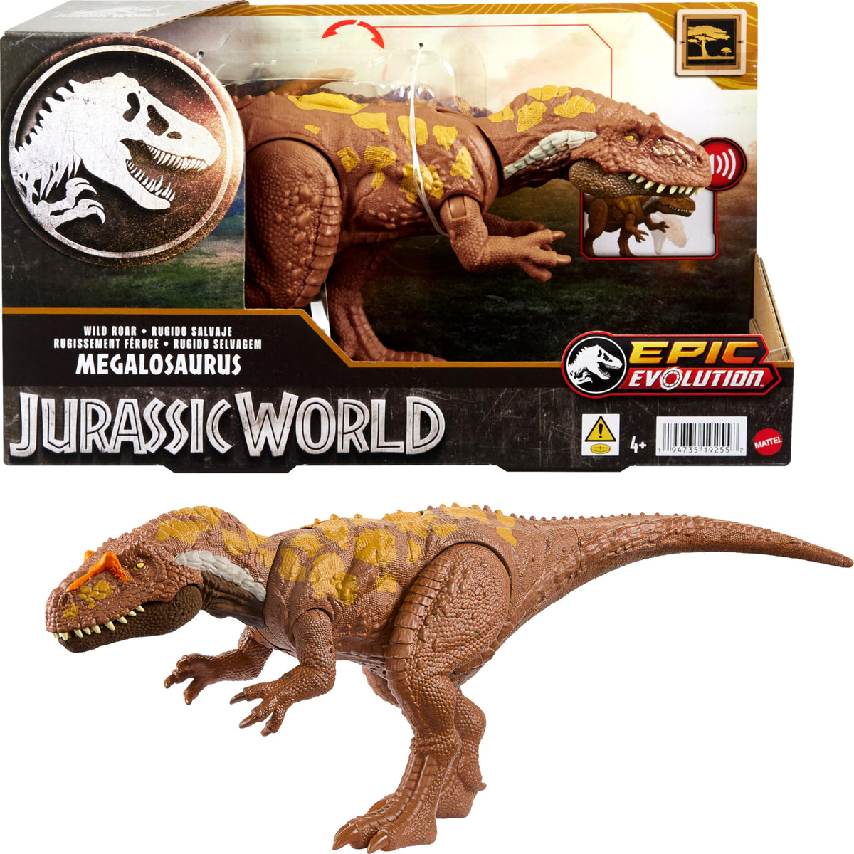 Mattel Jurassic World Wild Roar Megalosaurus attack action for imaginative play.