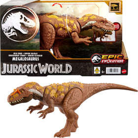 Mattel Jurassic World Wild Roar Megalosaurus attack action for imaginative play.