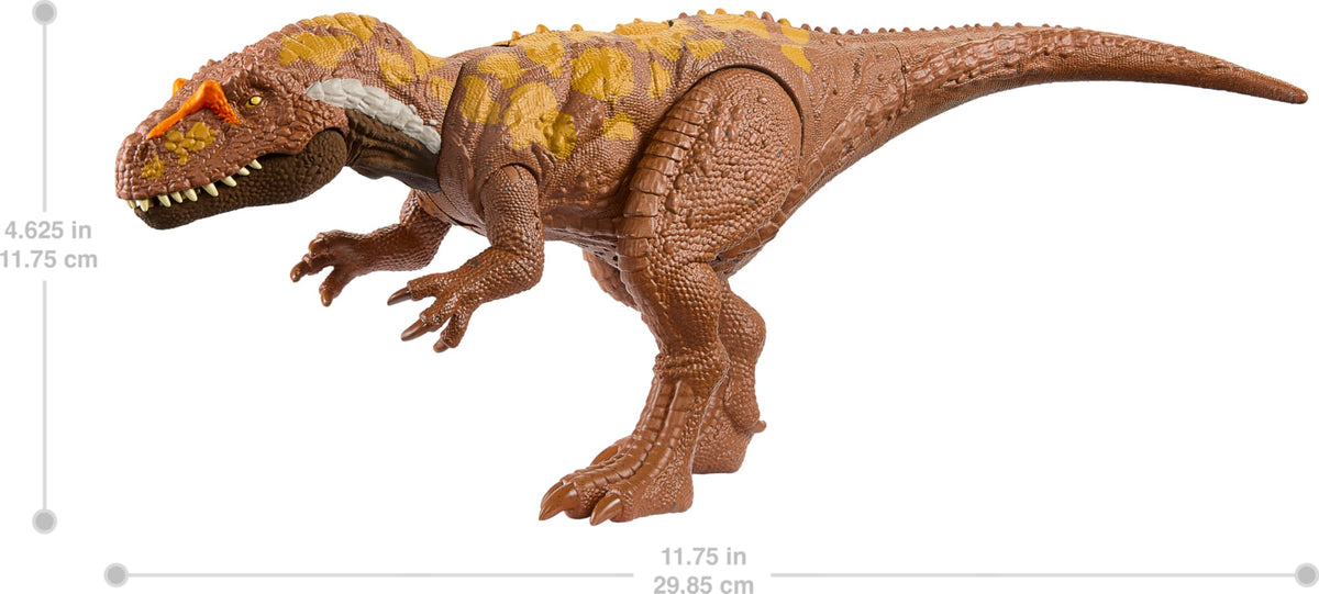 Mattel Jurassic World Wild Roar Megalosaurus 11 inches long for display and play.
