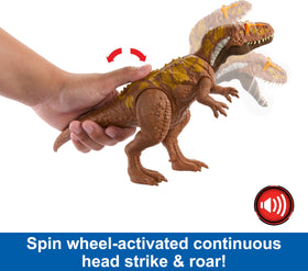 Mattel Jurassic World Wild Roar Megalosaurus spin wheel action for continuous motion.