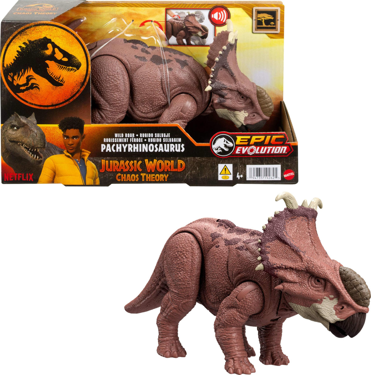 Mattel Jurassic World Wild Roar Pachyrhinosaurus front view for dramatic display
