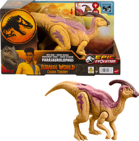 Mattel Jurassic World Wild Roar Parasaurolophus with spine glow for dramatic display.
