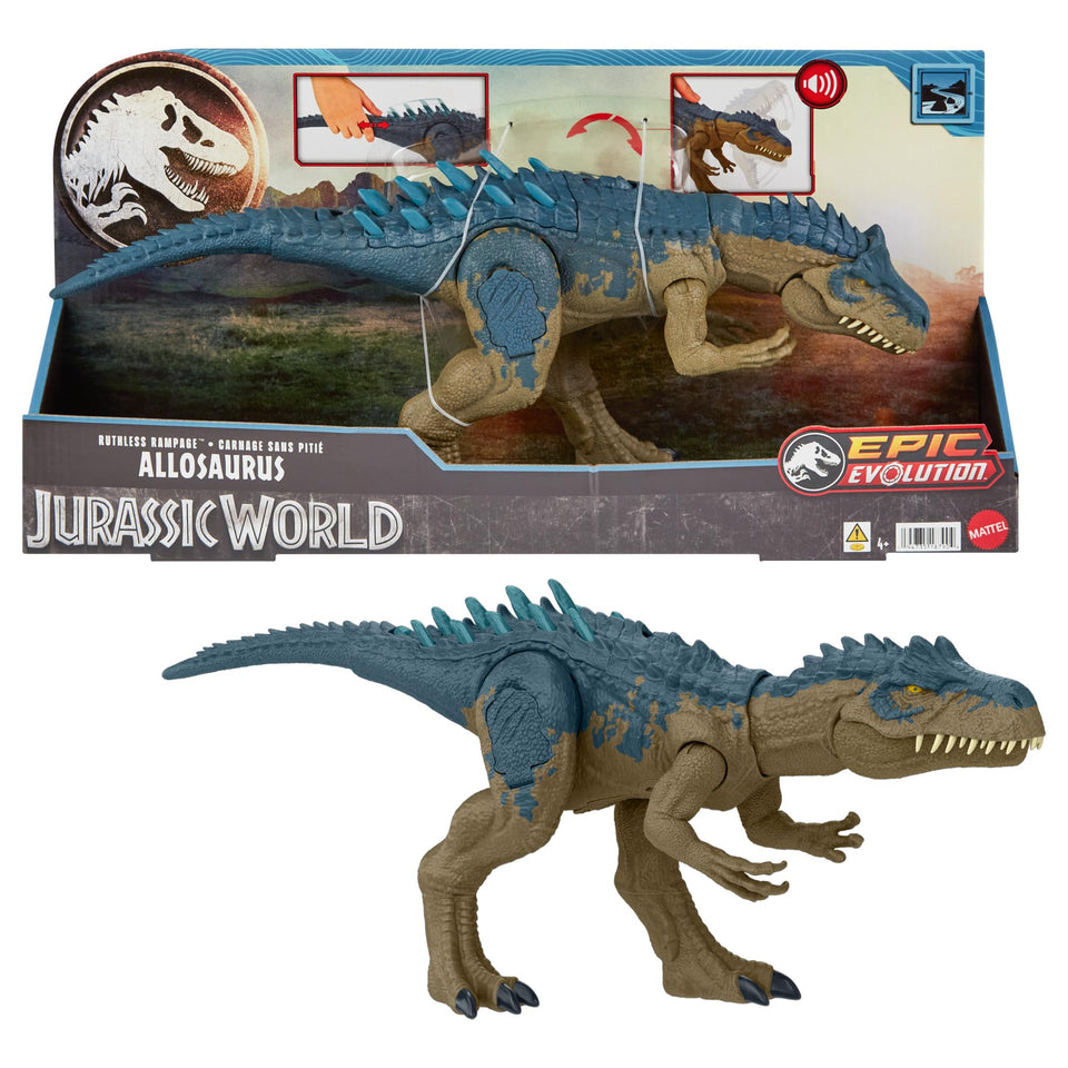 Mattel Jurassic World Ruthless Rampagin Allosaurus back spikes activated for dramatic battle display