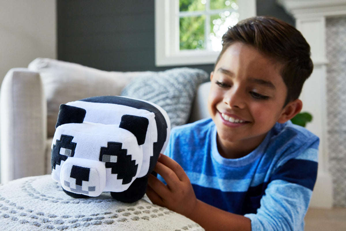 Mattel Minecraft Panda Plush in iconic costume for recognizable adventures.