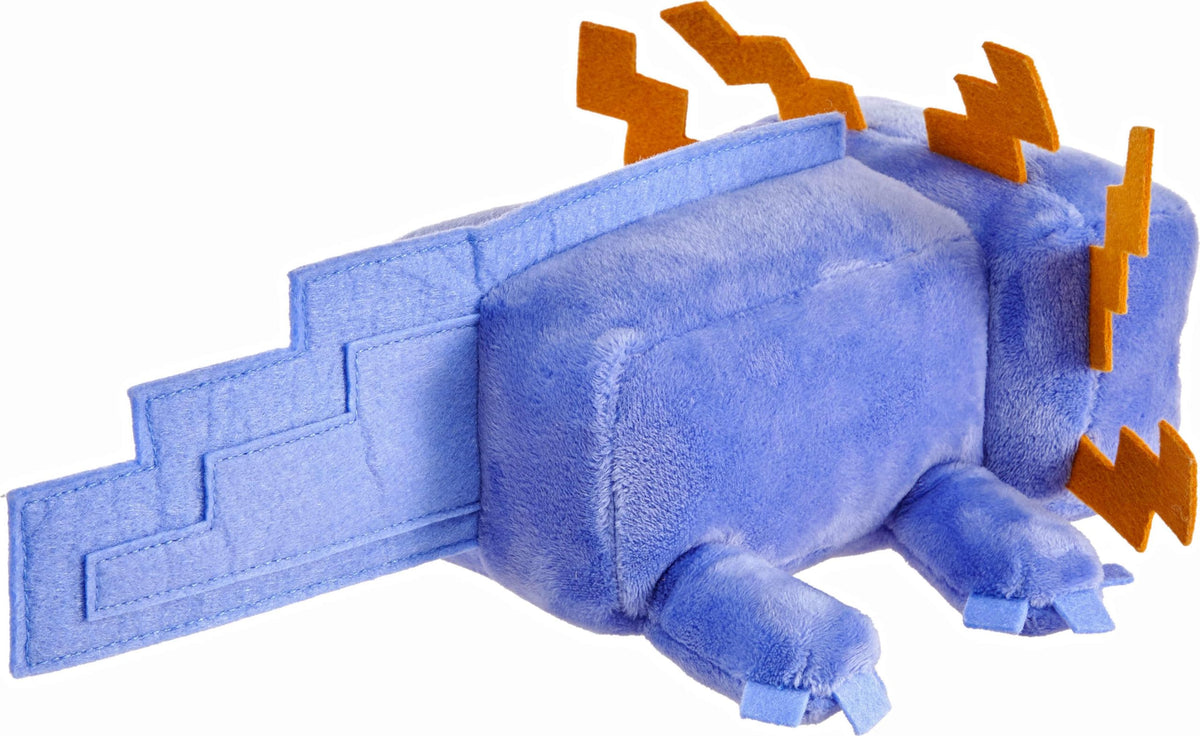 Mattel Minecraft blue axolotl plush wearing iconic costume for recognition.