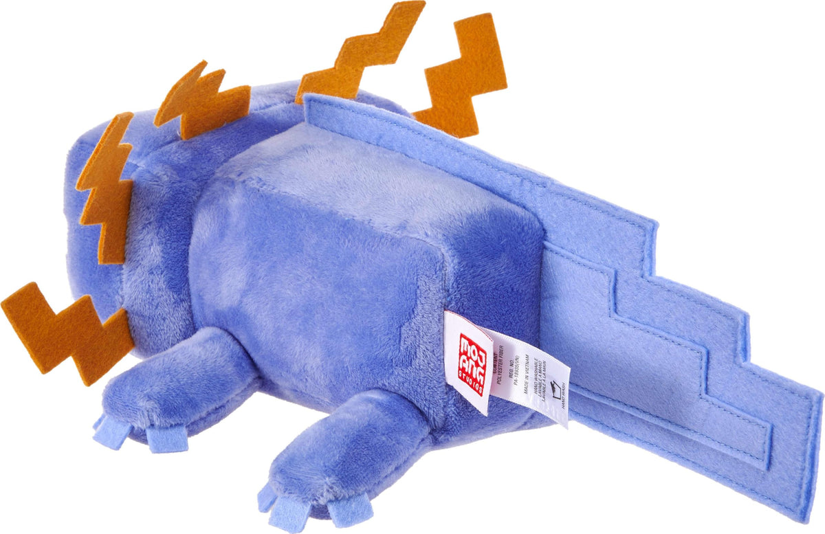 Mattel Minecraft blue axolotl plush shows pixelated details for collectability.