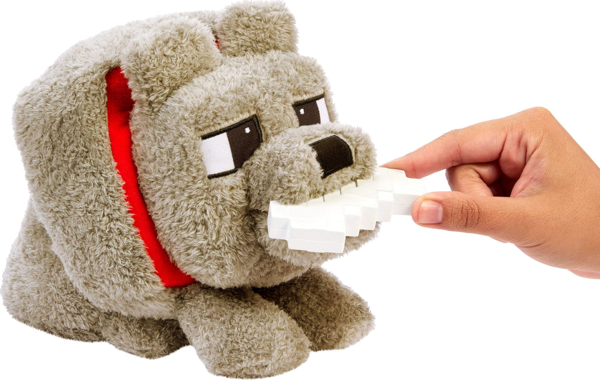 Bone accessory with Mattel Minecraft Dennis Wolf plush for feeding sounds.
