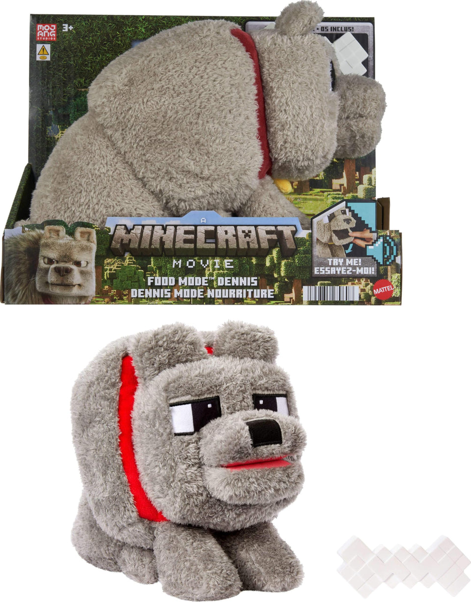Mattel Minecraft Dennis Wolf plush with soft fur for cozy play.