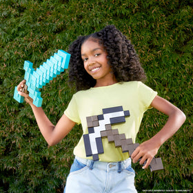 Mattel Minecraft Diamond Sword held by a child for realistic role-play adventures.
