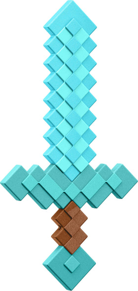 Mattel Minecraft Diamond Sword toy close-up with pixelated detail for authentic look.