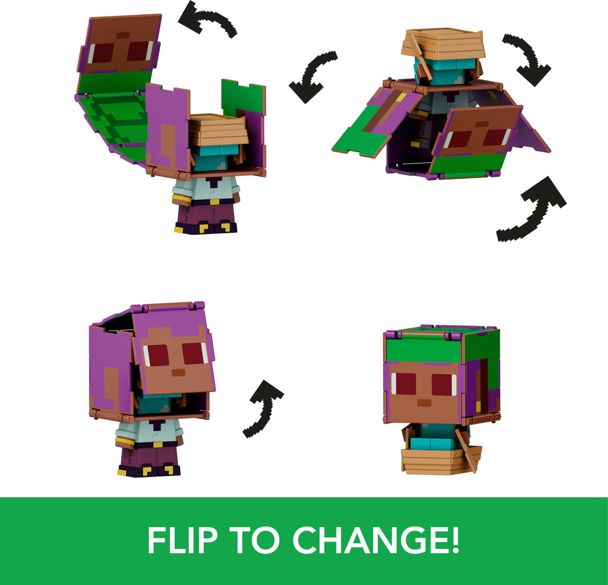 Mattel Minecraft Flippin' Figs head-panel transform encourages quick character changes.