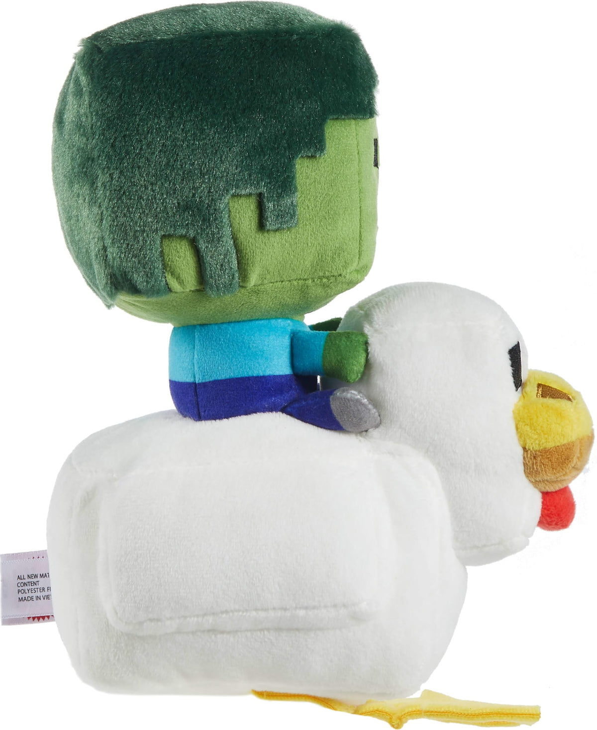 Mattel Minecraft Plush Zombie Chicken Jockey close-up fabric detail, premium textiles.