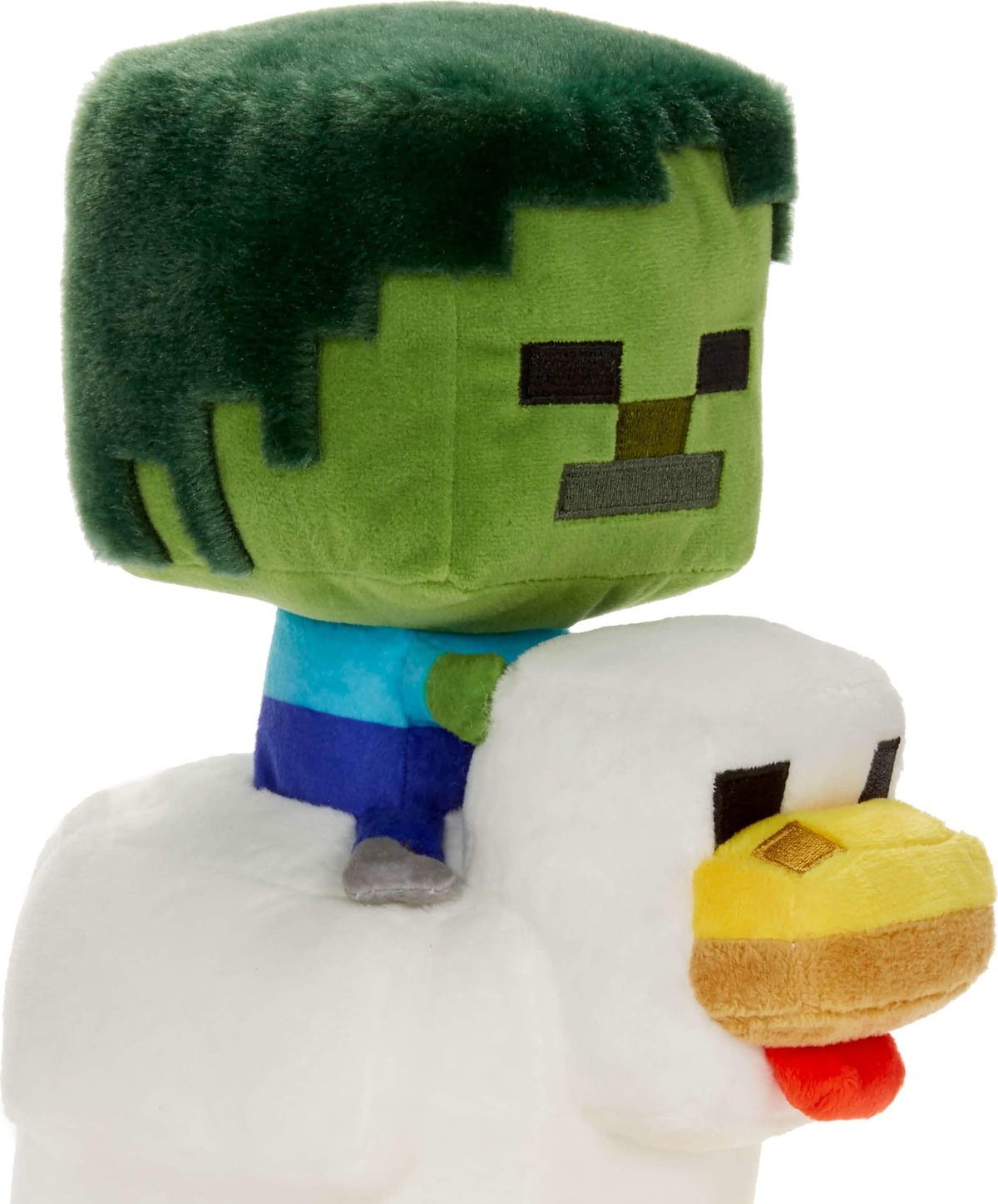 Mattel Minecraft Plush Zombie Chicken Jockey side view, recognizable costume for fan collections.