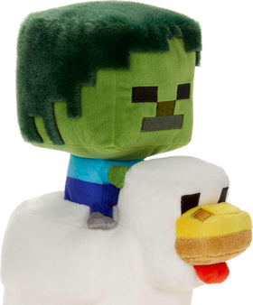 Mattel Minecraft Plush Zombie Chicken Jockey side view, recognizable costume for fan collections.