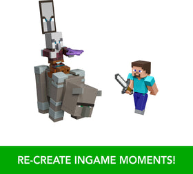 Mattel Minecraft Village Raid Ravager figure adds dynamic enemy presence for immersive play.