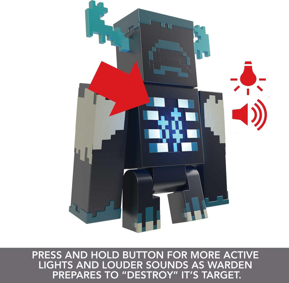 Mattel Minecraft Warden figure includes accessories for expanded exploration play.