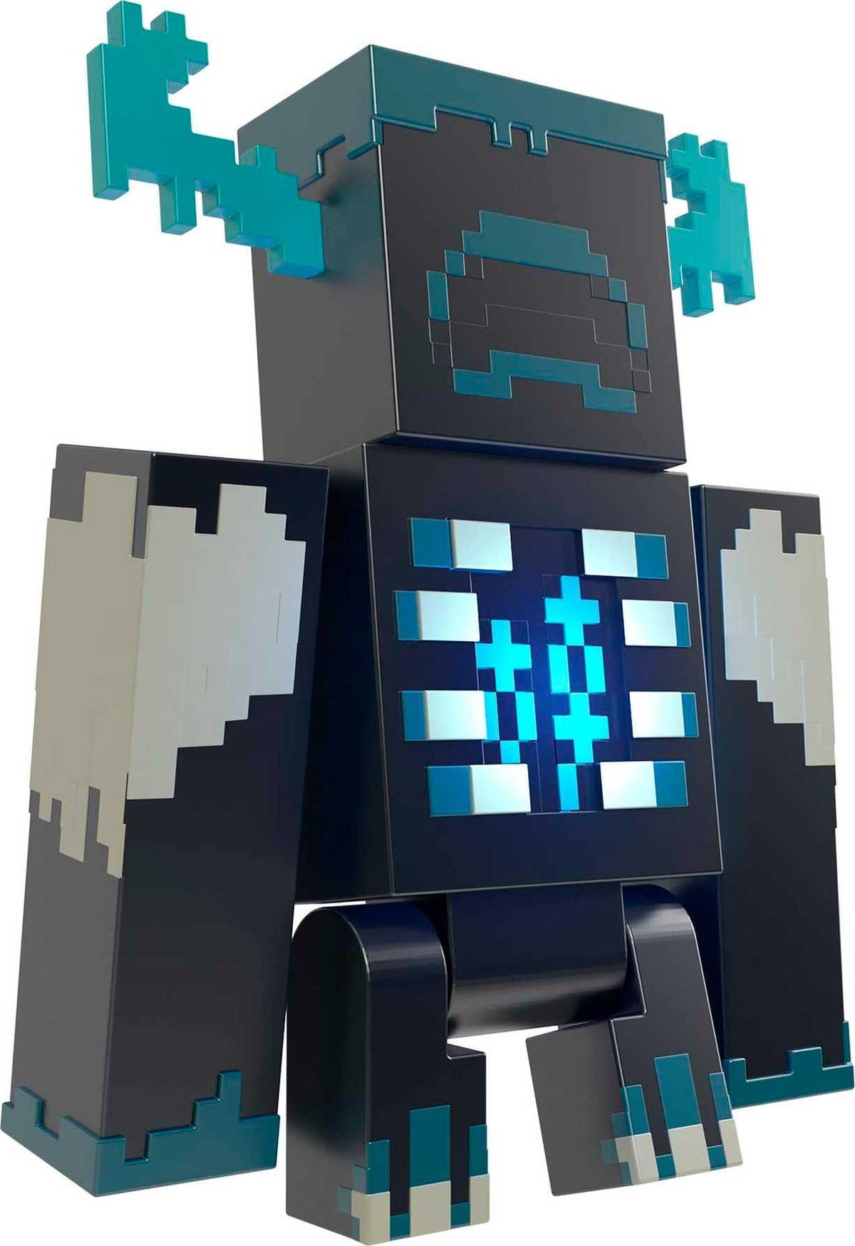 Mattel Minecraft Warden figure chest button activates lights and sounds for interactive play.